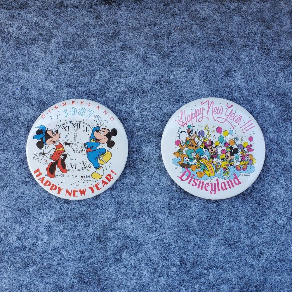 Vintage Disneyland Souvenir Buttons "Happy New Year" 1987 and 1989 Set Of Two